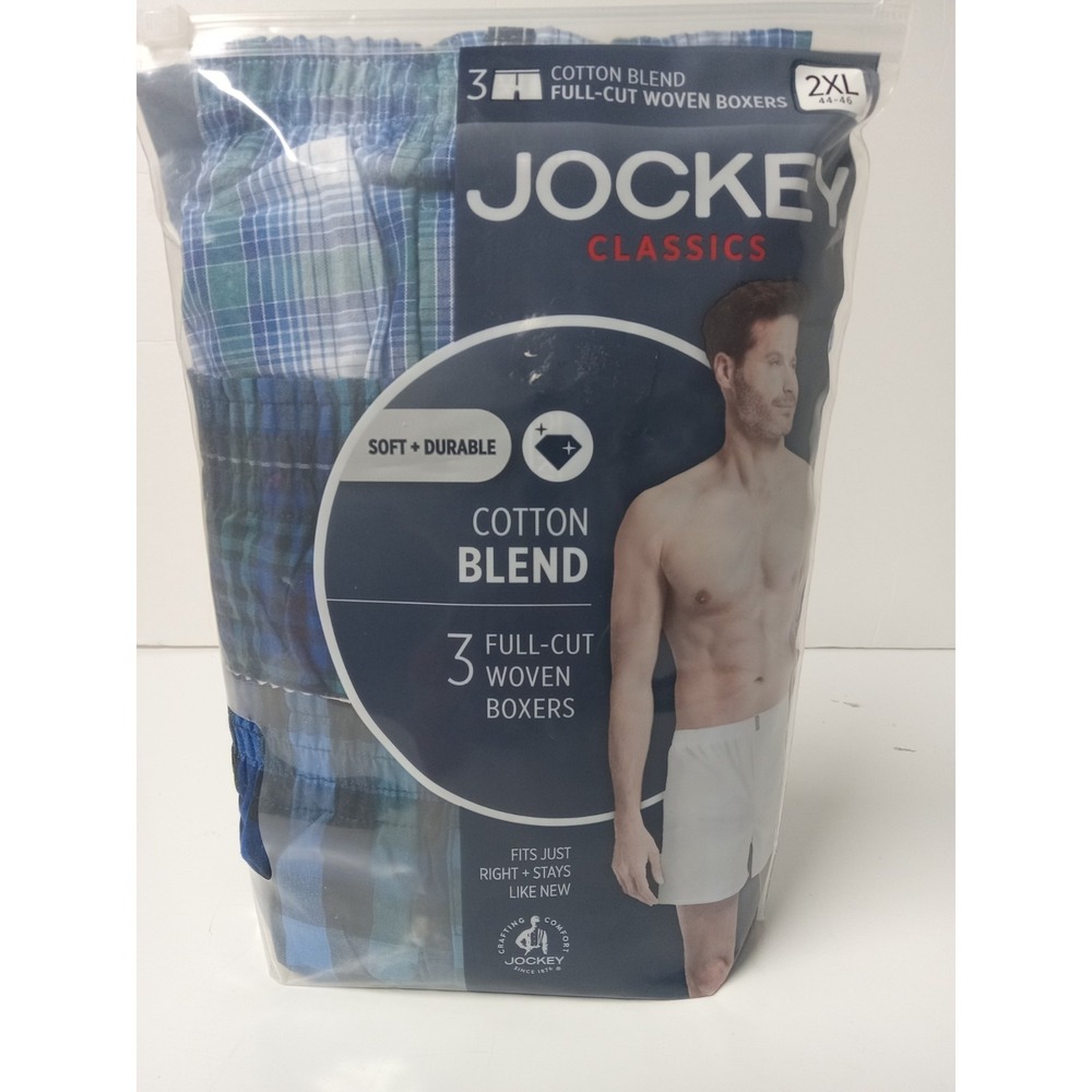 Men's 3-Pack 2XL Jockey Woven‎ Boxer Shorts Cotton Blend Full Cut Blue Plaid NEW